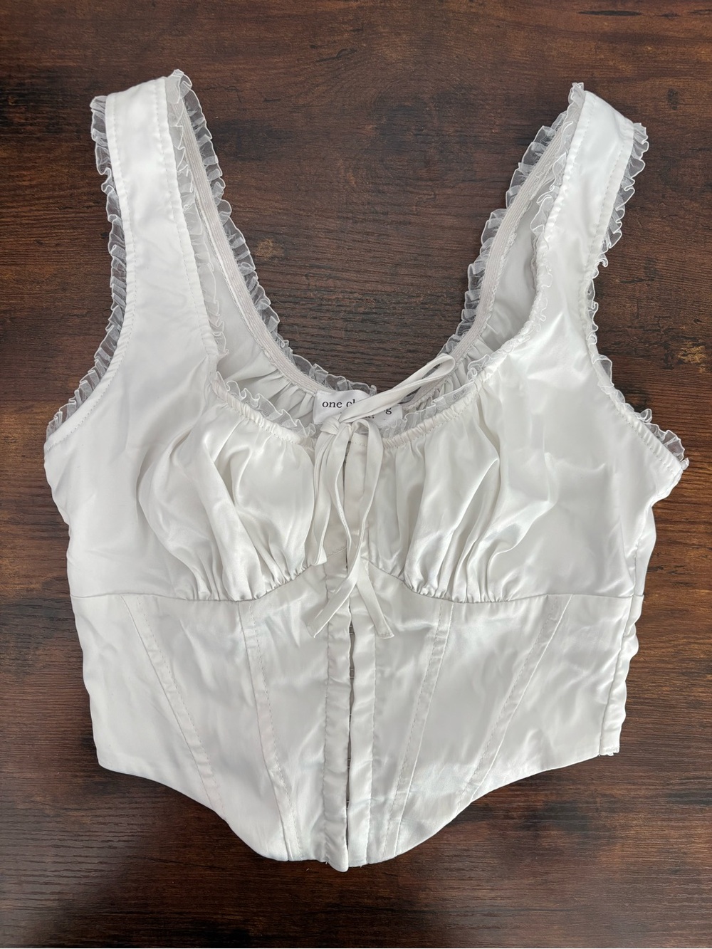 One Clothing LA White Satin Corset Top XS Ruffle Trim Lace-Up Y2K Romantic Style